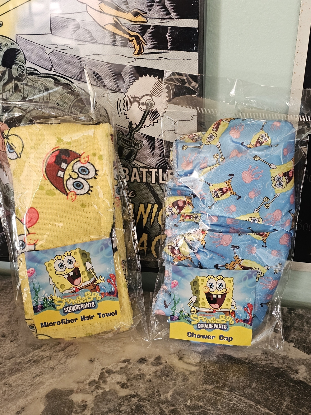SpongeBob SquarePants Microfiber Hair Towel & Shower Cap Set - Yellow & Blue